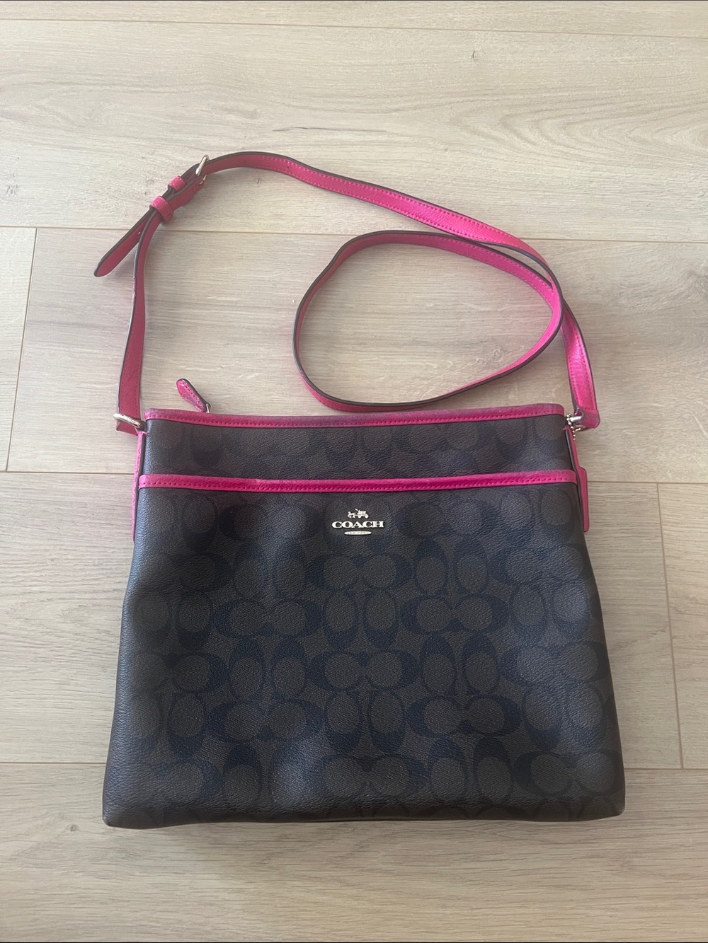 Coach Brown Signature Crossbody with Hot Pink Trim and Strap